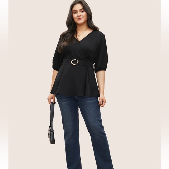 BloomChic Plus Size  Plain Elastic Waist Buckle Detail Wrap Blouse - Picture 5 of 7